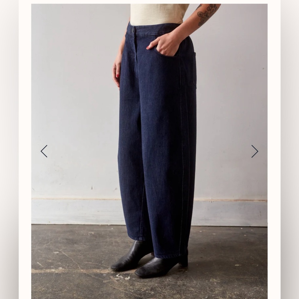 Monica Cordera curved leg pant in denim.